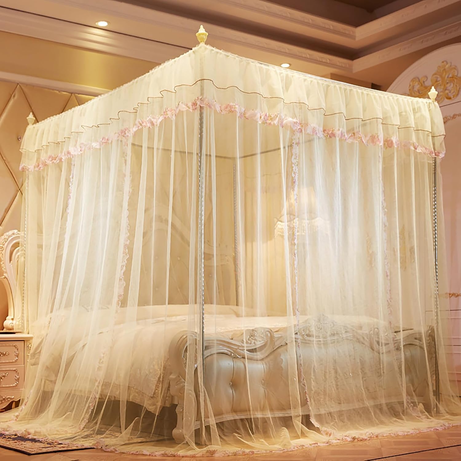 Mosquito Net, Three Open Doors, Princess Wind Floor Bracket,Windproof Blackout Bed Canopy Mosquito Net Bedroom Decoration,D,200 * 220CM