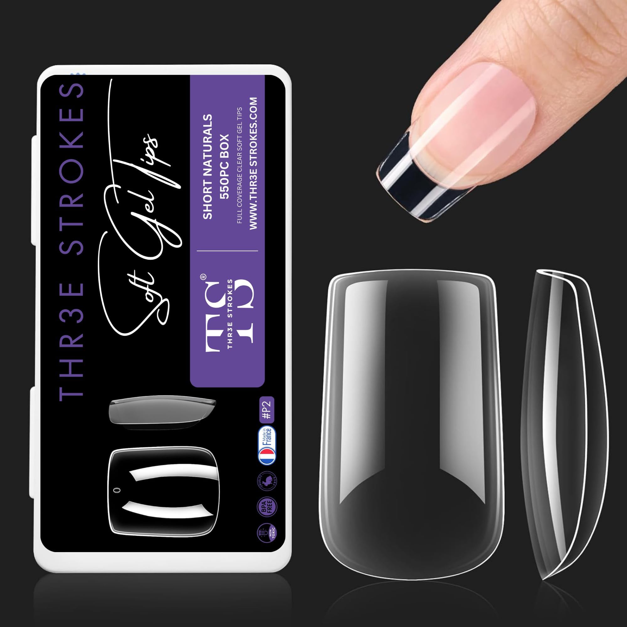 - THR3E STROKES Soft Gel NailTips, Full Cover Clear Soft Nail Tips for Artificial FalseNails Extension Nail Salons DIY NailArt with Box, 550PCS (SHORT NATURALS P2)