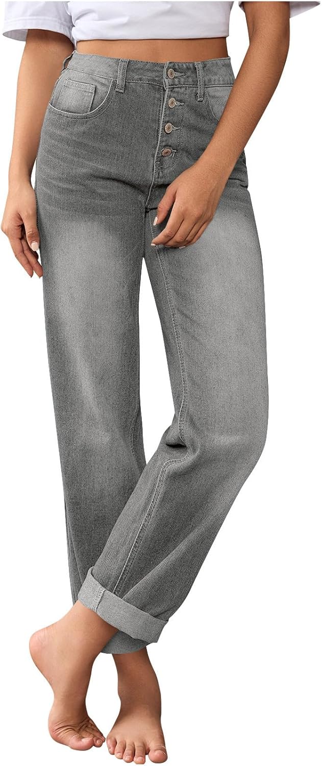 Baggy Wide Leg Jeans for Women Straight Leg Loose Stretchy High Waisted Denim Pants Casual Y2K Trousers with Pockets