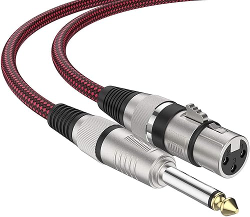 Cable XLR hembra a 14 TS de 15 pies, cable de micrófono trenzado de nailon BIFALE TS de 0.250 in, cable de micrófono desequilibrado, cable de