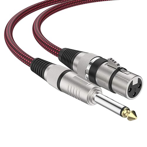Cable XLR hembra a 14 TS de 15 pies, cable de micrófono trenzado de nailon BIFALE TS de 0.250 in, cable de micrófono desequilibrado, cable de