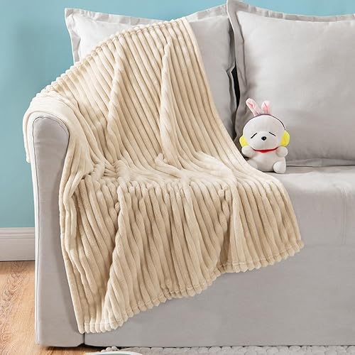 Vista 36 de Miulee.- Manta suave de forro polar con diseño de rayas, ligera, transpirable, para relajarse, la siesta o para dormir. Blanco crema