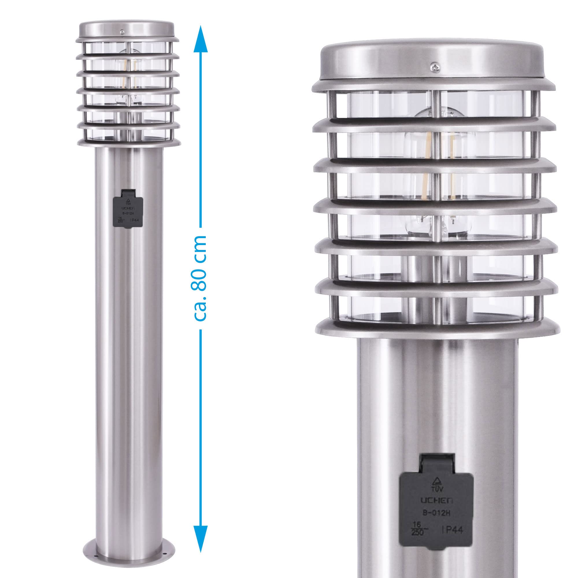 Maxkomfort Wegeleuchte mit Steckdose E27 80 cm Edelstahl Glas Gartenlampen für draußen strom IP44 Gartenlampe Wegbeleuchtung Gartenleuchte 252D-800SN-SD