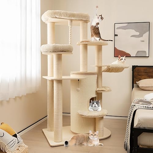 Miniatura 2 de Tangkula Árbol alto para gatos, torre grande y moderna de varios niveles de 67 pulgadas con percha superior, condominio para gatos de 3 pisos,