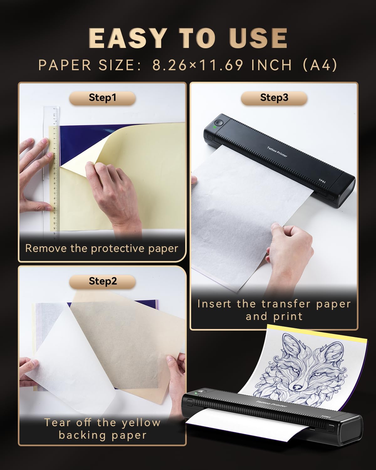 TP81 Stencil Drucker, Thermodrucker Tattoo, Bluetooth Tattoo Drucker mit 10 Blatt Tattoo Papier, Kompatibel mit Android, iOS und Laptop, Tattoo Zubehör