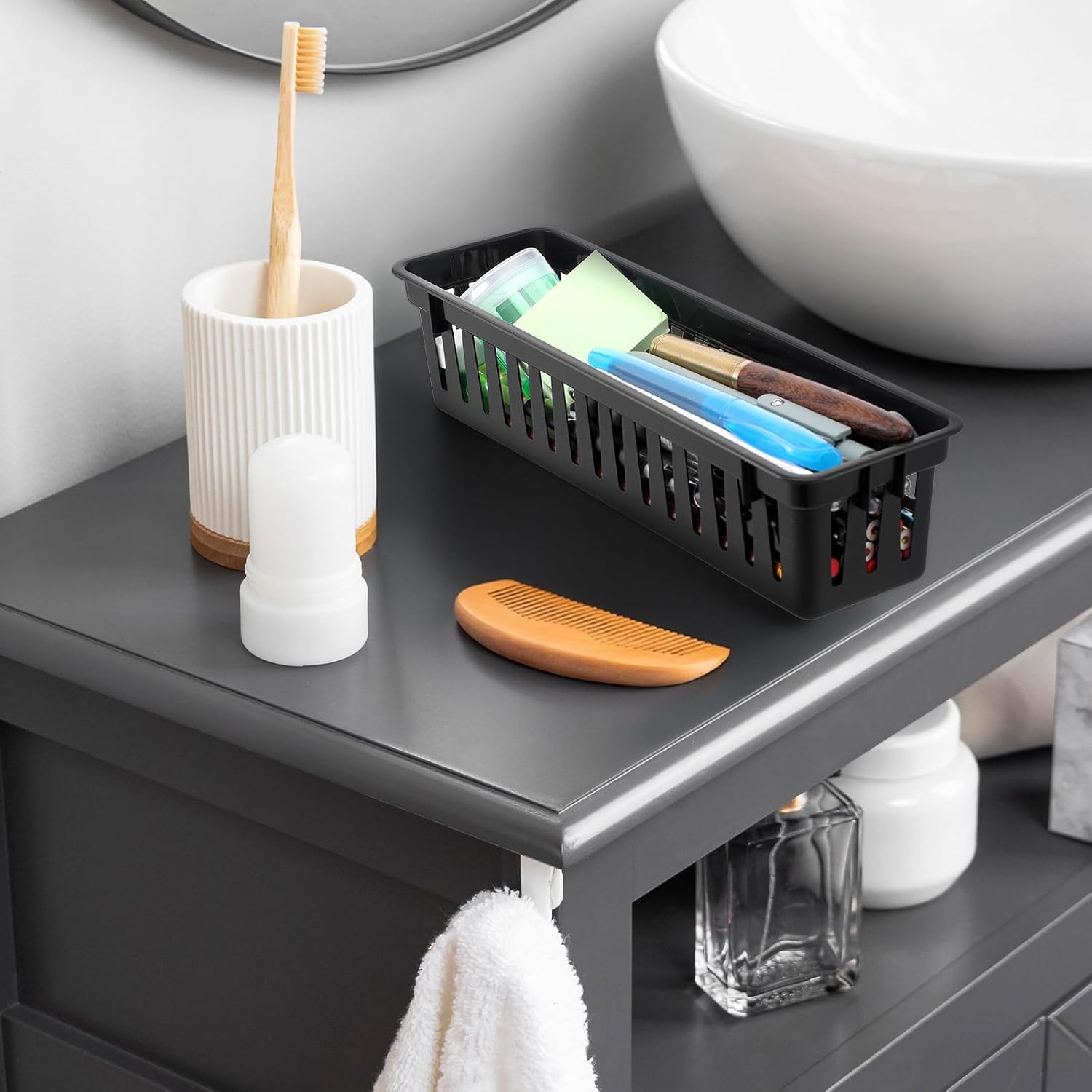 24 Pcs Narrow Plastic Pencil Basket Trays, 10" x 3" Plastic Baskets for Storage, Small Black Narrow Plastics Pencil Basket for Classroom Desk Home Office Organizing Supplies