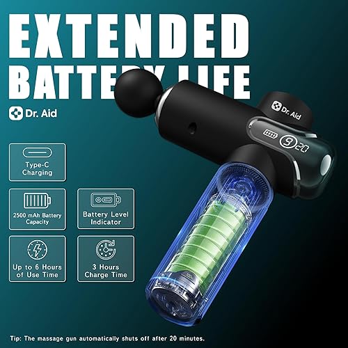Miniatura 5 de Dr. Aid Pistola de masaje  Pistola masajeadora muscular de tejido profundo para aliviar el dolor, 8 cabezas, niveles inteligentes de 9 velocidades