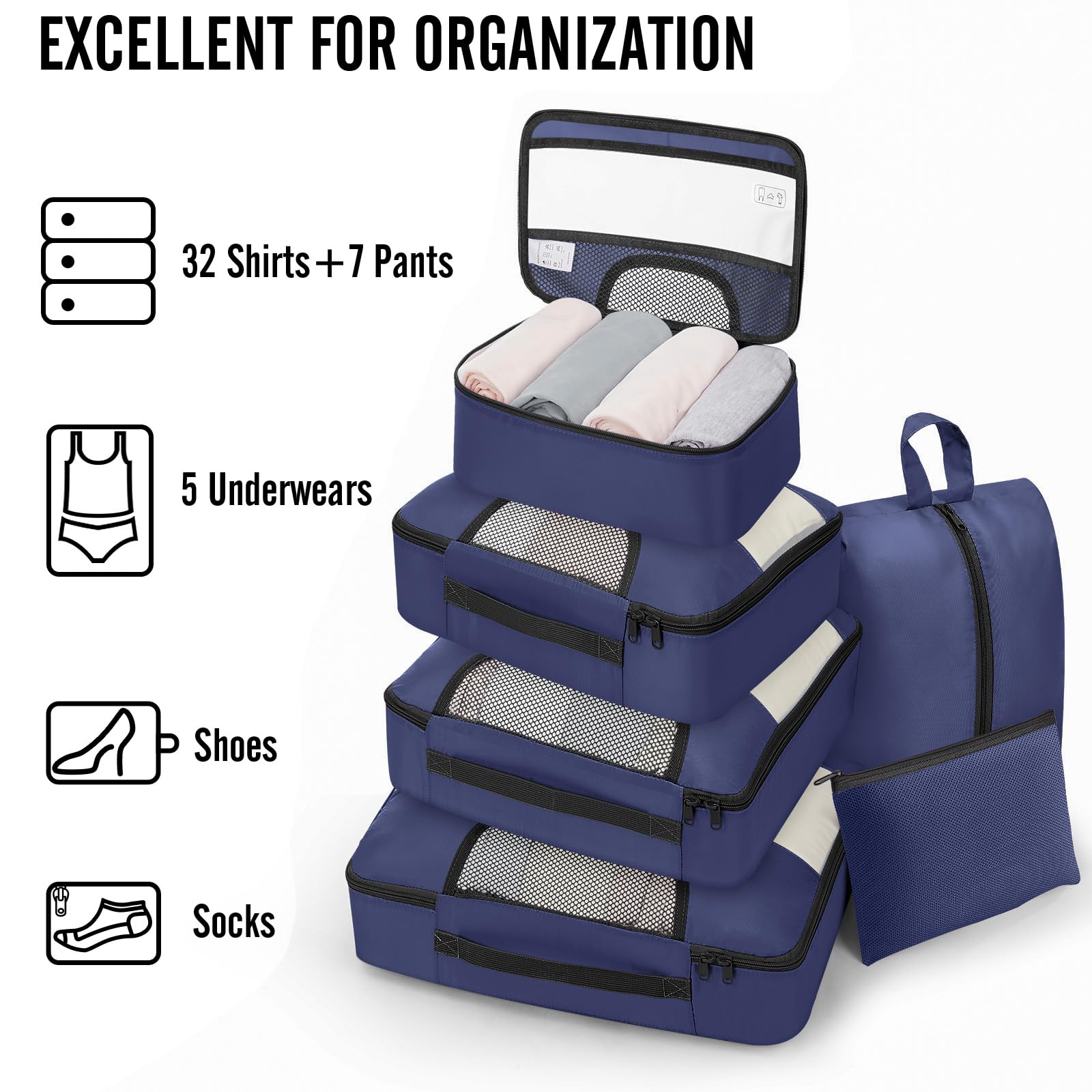 Veken 8 Set Packing Cubes for Travel Essentials,Anti-Wrinkle Buckled Suitcase Organizer for Shoe & Toiletry Bag,Carry On Luggage Bag with 99+ Count Mesh Holes for Airplane & College Dorm Accessories view 6