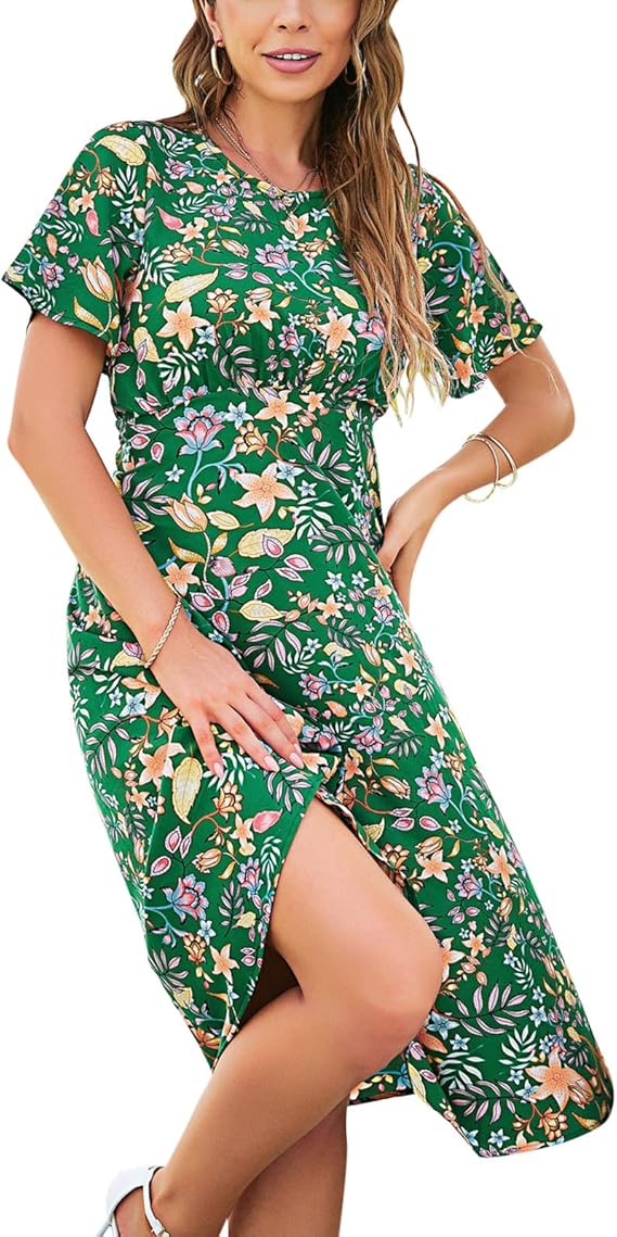 Amazon 購入製品女性ファッションワンピース丸襟花プリントワンピースパーティー半袖ワンピースミニ夏カジュアルパーティー女性用ワンピース ワンピース 通販