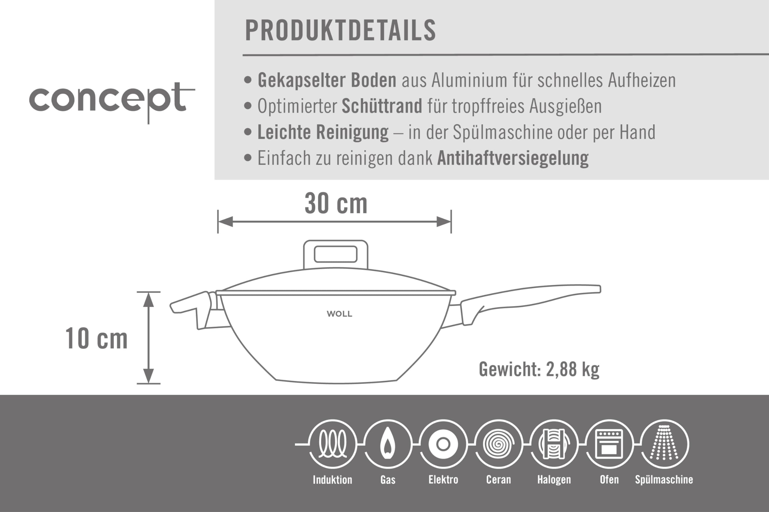 Woll Concept Wok- und Rührpfanne - Induktiv -, Ø 30 cm, 10 cm hoch, Geeignet für alle Herdarten, Edelstahl, backofenfest bis zu 200°, silber, mit Antihaftversieglung