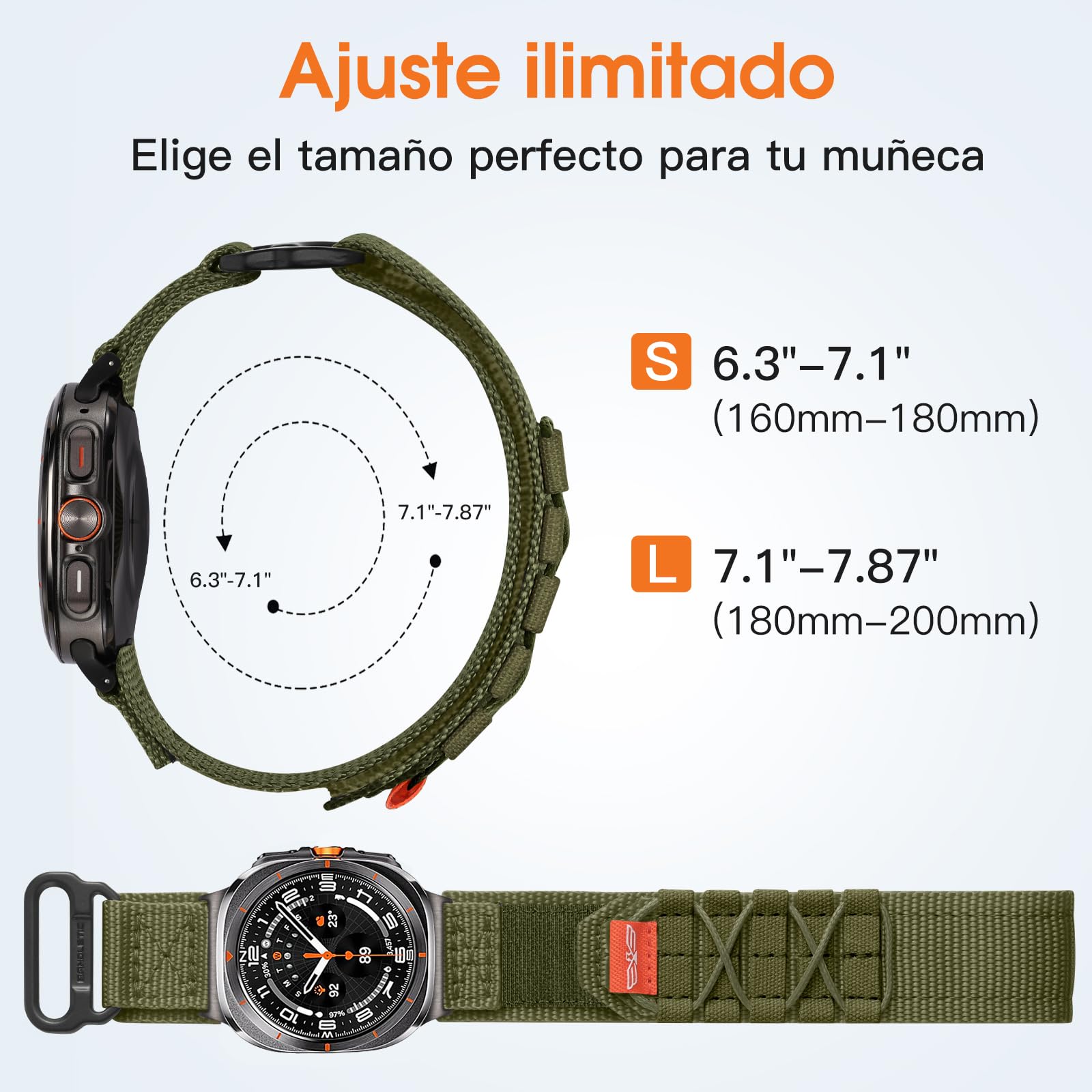 Bandletic Compatible con Correa Samsung Galaxy Watch Ultra 47mm para Mujeres Hombres, Correas de Recambio Ajustables de Nylon Sport, Suaves y Transpirables para Galaxy Watch Ultra 2024, L/Verde