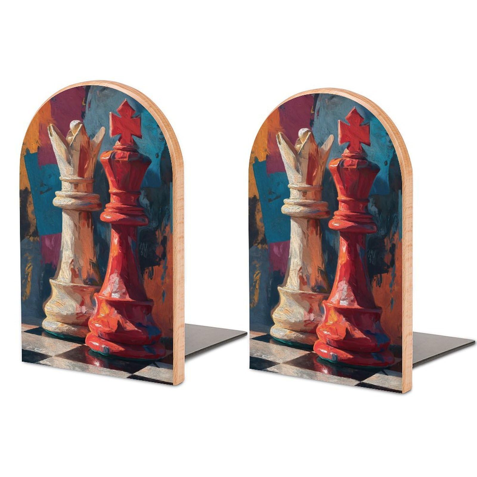 Chess Pieces Wooden Bookends Non-Slip Support for Bookshelf Office Home Decor 2-Pack