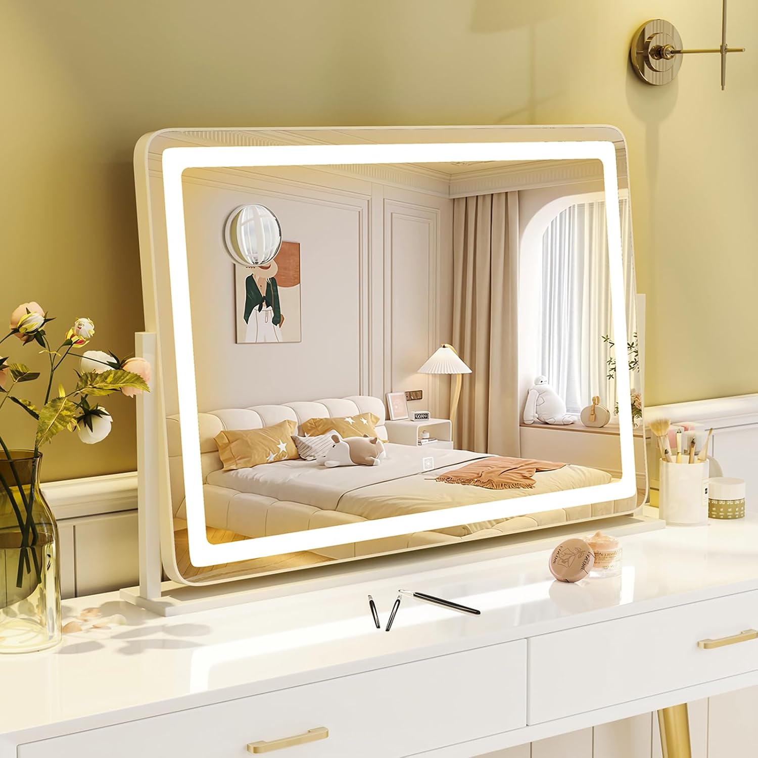 Tangkula Vanity Mirror with Lights, 32" x 22" Large Makeup Mirror with 10X Magnify Mirror, Touch Control, 3-Color Lighting Mode, 360° Rotation, Dimmable Lighted LED Mirror, White