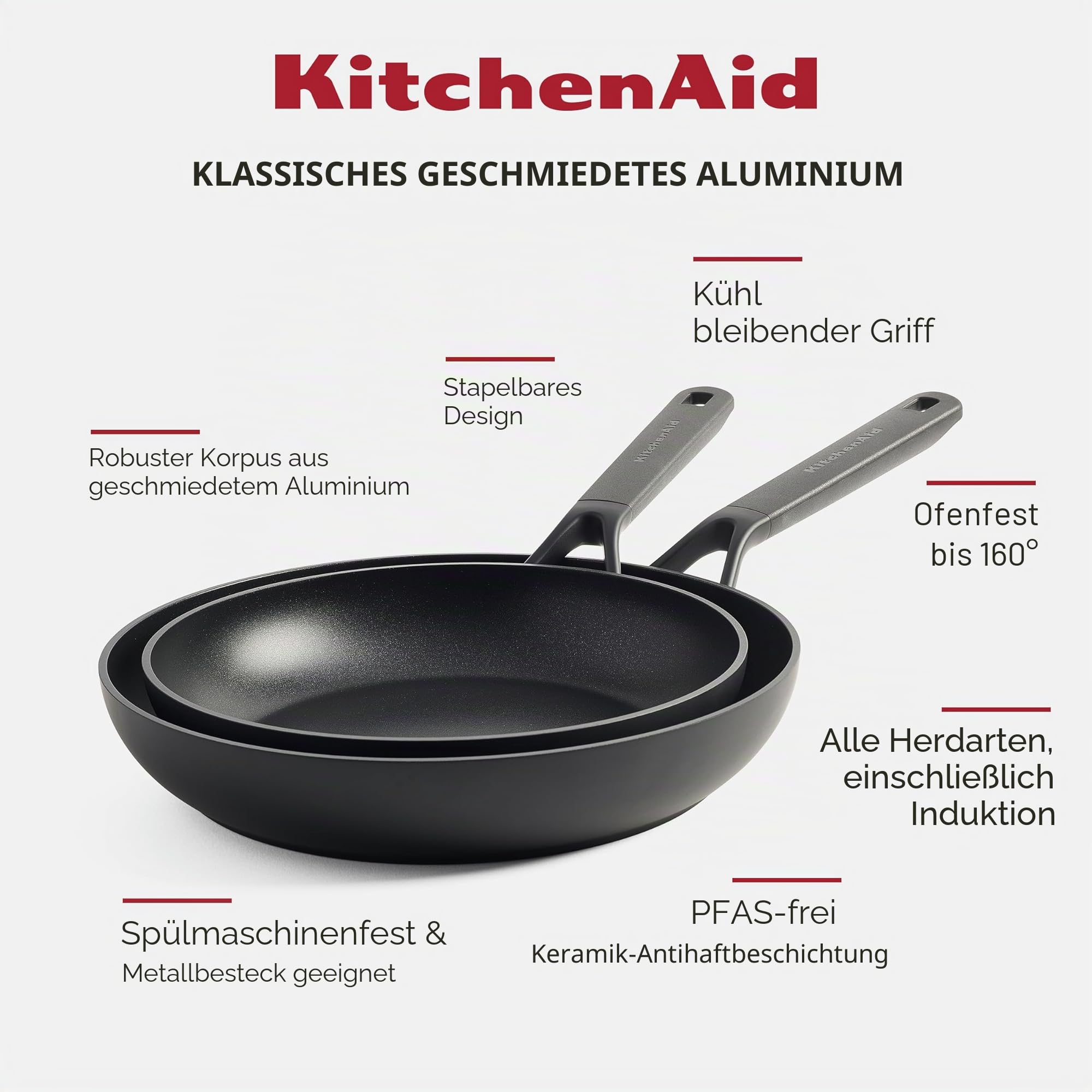 KitchenAid Pfannenset induktion I Classic Frying Pan Set I Pfannen-Set 20/24/28 cm I Hart Anodisiert, PFAS-freie Gesunde Keramische Antihaftbeschichtung, Ofen- und Spülmaschinenfest I Schwarz