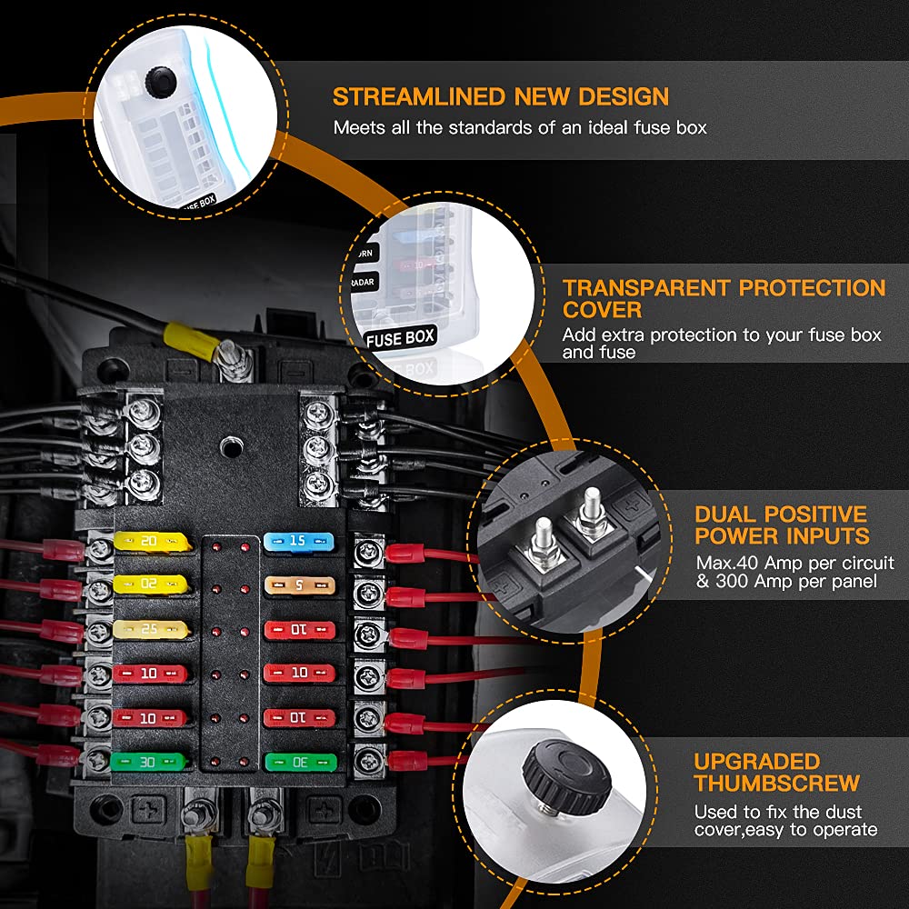 Upgraded 300A 12 Way Blade Fuse Block Fuse Box with 2 Positive Power Inputs Negative Bus, ELECTOP 12 Circuit Fuse Holder ATC/ATO Fuse Block Panel with LED Indicator for 12V/24V Car Truck Boat Marine