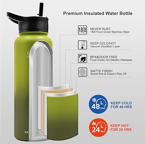 Miniatura 3 de NATURE PIONEOR Botellas de agua aisladas con pajilla, botella de agua deportiva aislada al vacío de 40 onzas con 3 tapas, botella de agua de acero