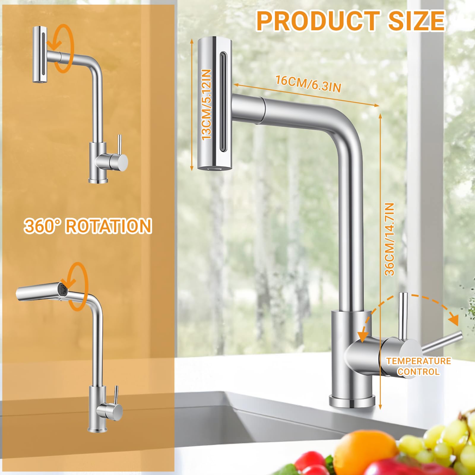 Grifo de Cocina con Cascada, Grifo Giratorio de Acero Inoxidable con 4 Modos de Chorro Boquilla ExtraíBle y Mezclador Monomando para Cocinas Moderna