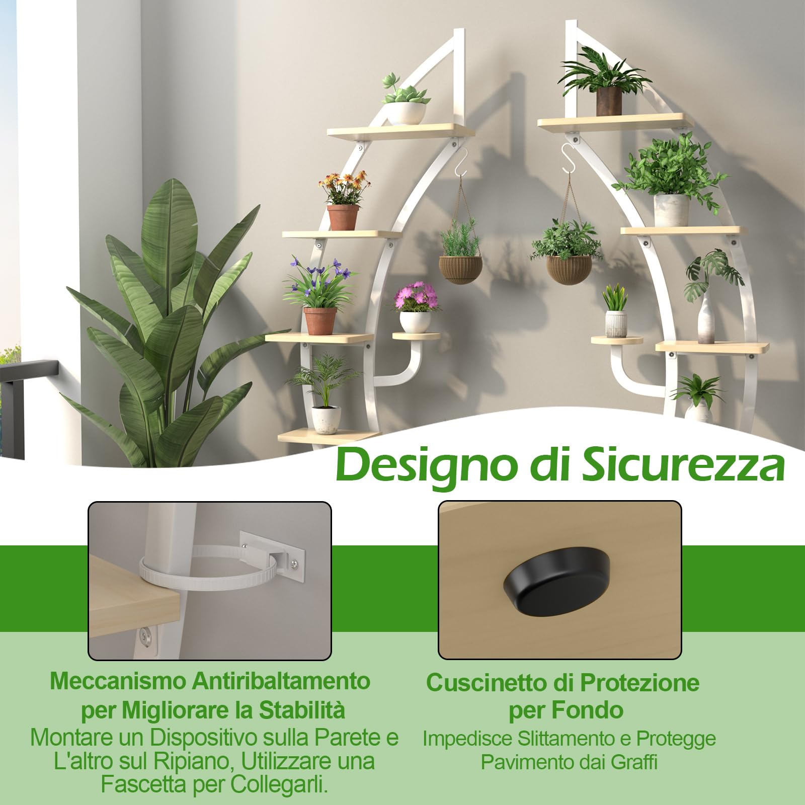 COSTWAY Scaffale per Piante a 7 Livelli, Scaffale a Forma di Mezza Luna con Gancio e Dispositivo Antiribaltamento, Porta Piante e Fiori per Interno e Soggiorno (1 PEZZO BIANCO)