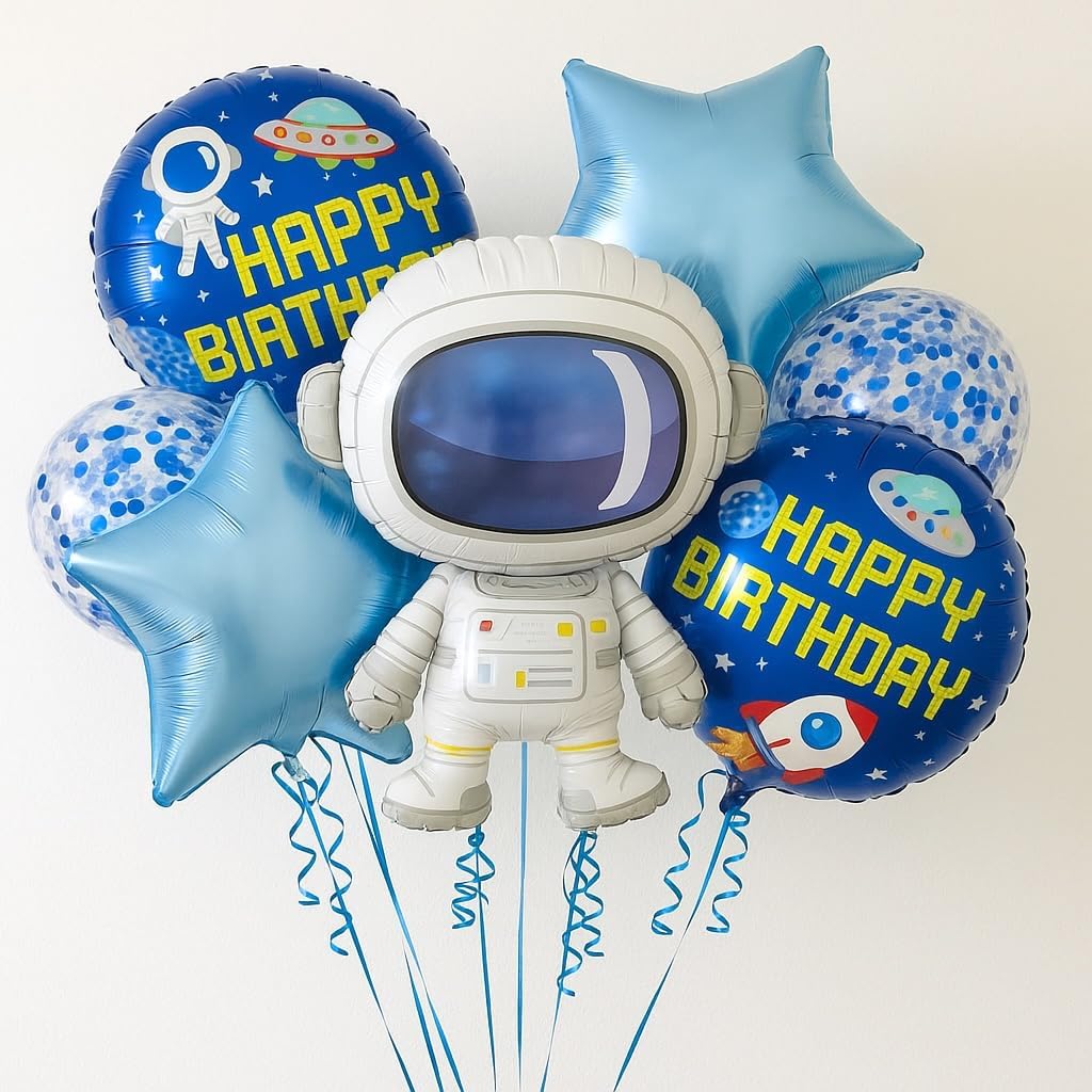 AMFIN® Happy Birthday Astronaut Theme/Space Theme Birthday Decoration/Kids Birthday Foil Balloon/Robot Foil/Happy Birthday Round Balloon - Pack of 7