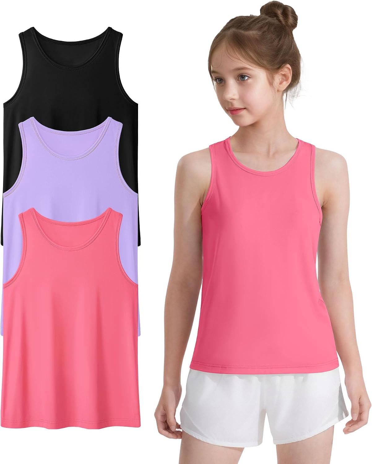 Auranso Girls Athletic Tank Tops 3 Pack UPF 50+ Racerback Sleeveless Quick Dry Sports Dance Workout Tops