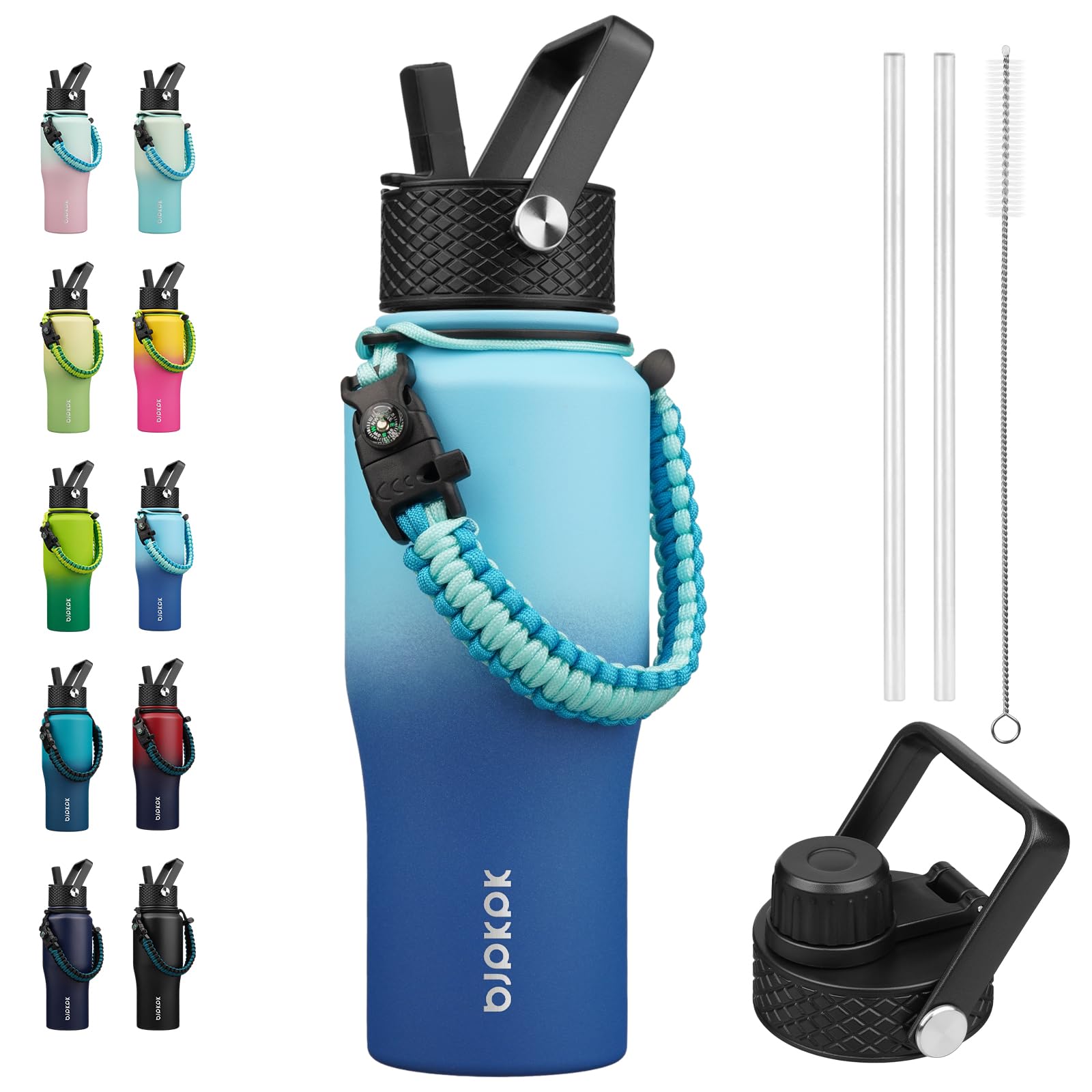 BJPKPK Insulated Water Bottles with Straw Lid, 23oz Metal Water Bottle with 2 lids & Paracord Strap, Double Wall Stainless Steel Vacuum Tumblers, Cups, Mugs, Thermos for Hot& Cold Drinks, Sky