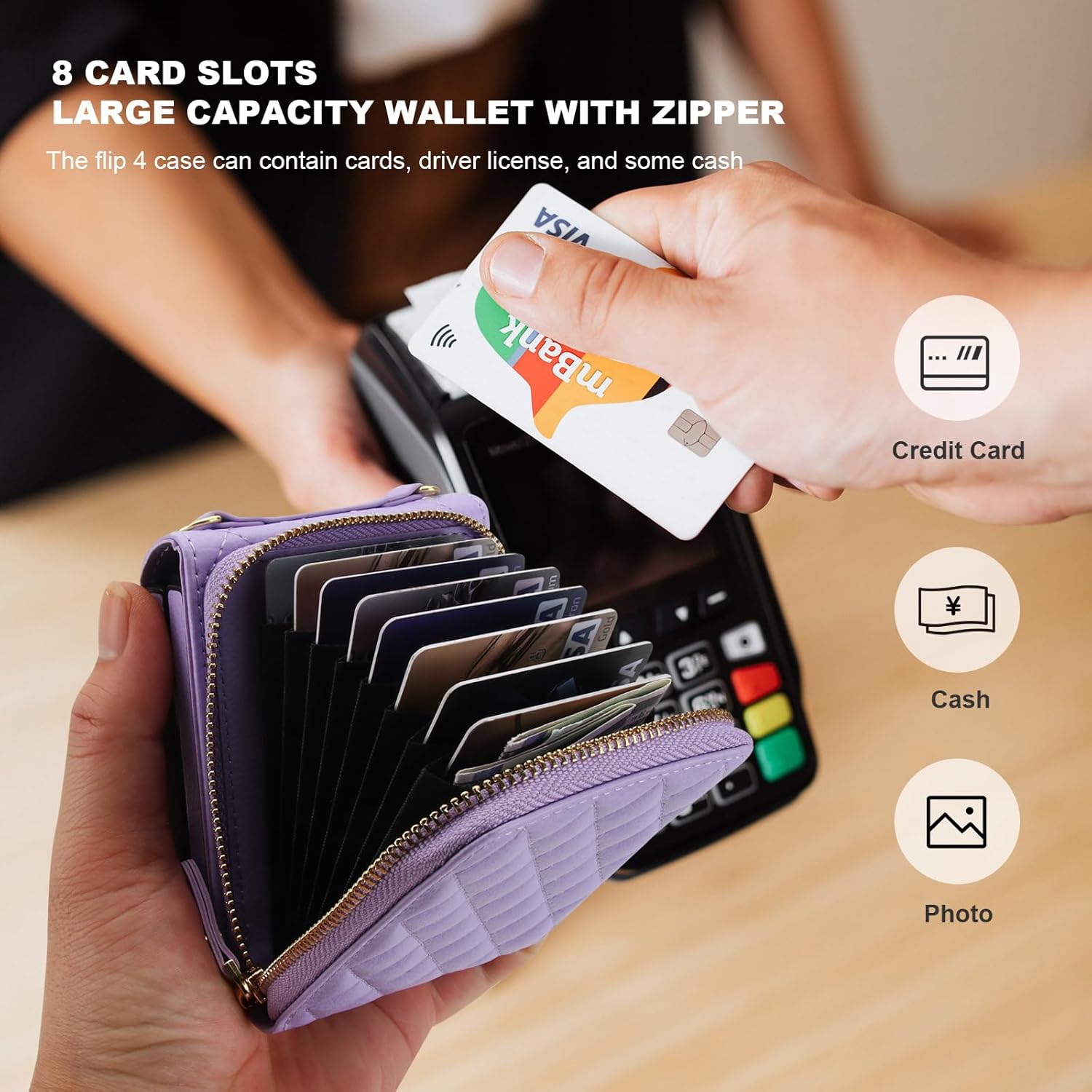 KIHUWEY for Samsung Galaxy Z Flip 7 Wallet Case, Crossbody Zipper Purse with Credit Card Slot Holder RFID Blocking PU Leather Adjustable Lanyard Detachable Strap Wrist for Women（Purple