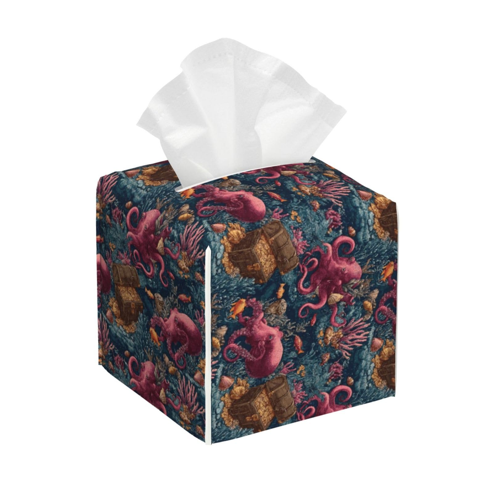 Red Octopus Underwater Fortun Print Tissue Box Cover Holder Square, Foldable Modern Cube Tissue Box Cover, Leather Decorative Organizer for Tabletop Bathroom Car Office Desk Decor