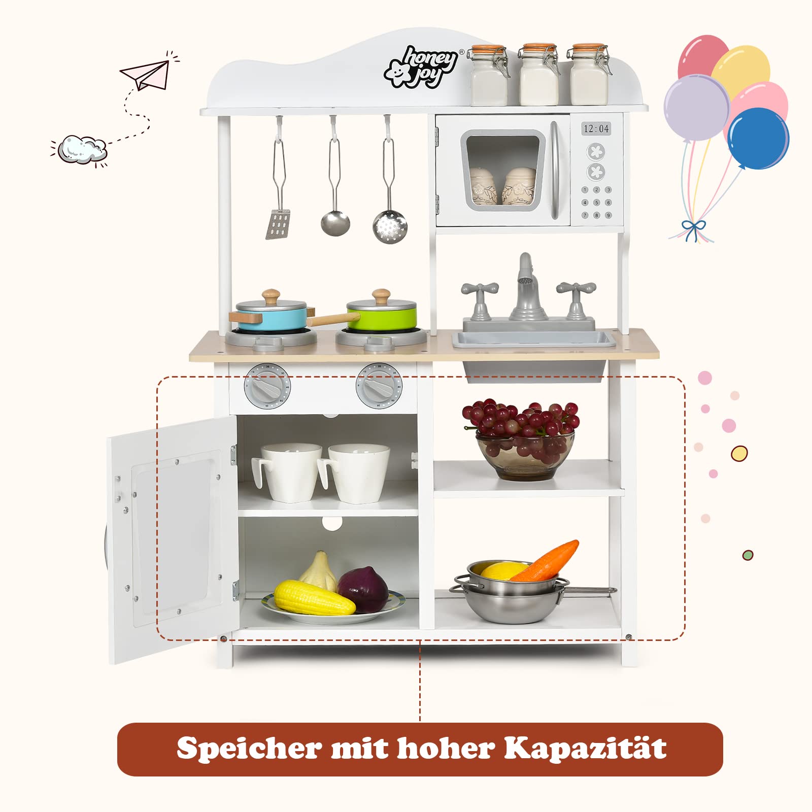 COSTWAY Kinderküche Spielküche Holz, Kinder Küche mit Zubehör, Spielzeugküche Holzküche mit Spüle, Backofen, Mikrowelle, Herd und Küche Set, Weiß