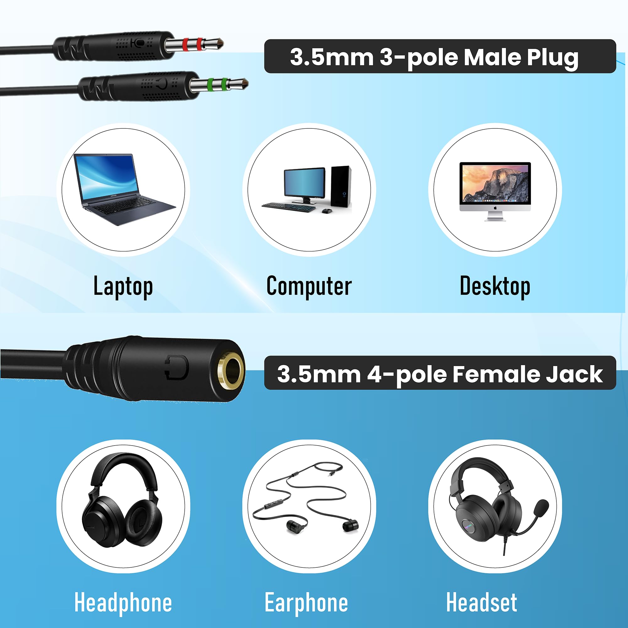 Rozdzielacz słuchawek, 3,5 mm żeński na 2 3,5 mm męski rozdzielacz audio kabel do mikrofonu Aux mikrofon stereo jack słuchawki przewód słuchawki douszne zestaw słuchawkowy do gier PC laptop