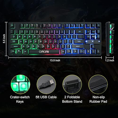 Miniatura 5 de CHONCHOW - Teclado compacto para juegos con cable USB de 87 teclas, teclado LED de arco iris, retroiluminado sin teclas, teclado TKL, teclado RGB