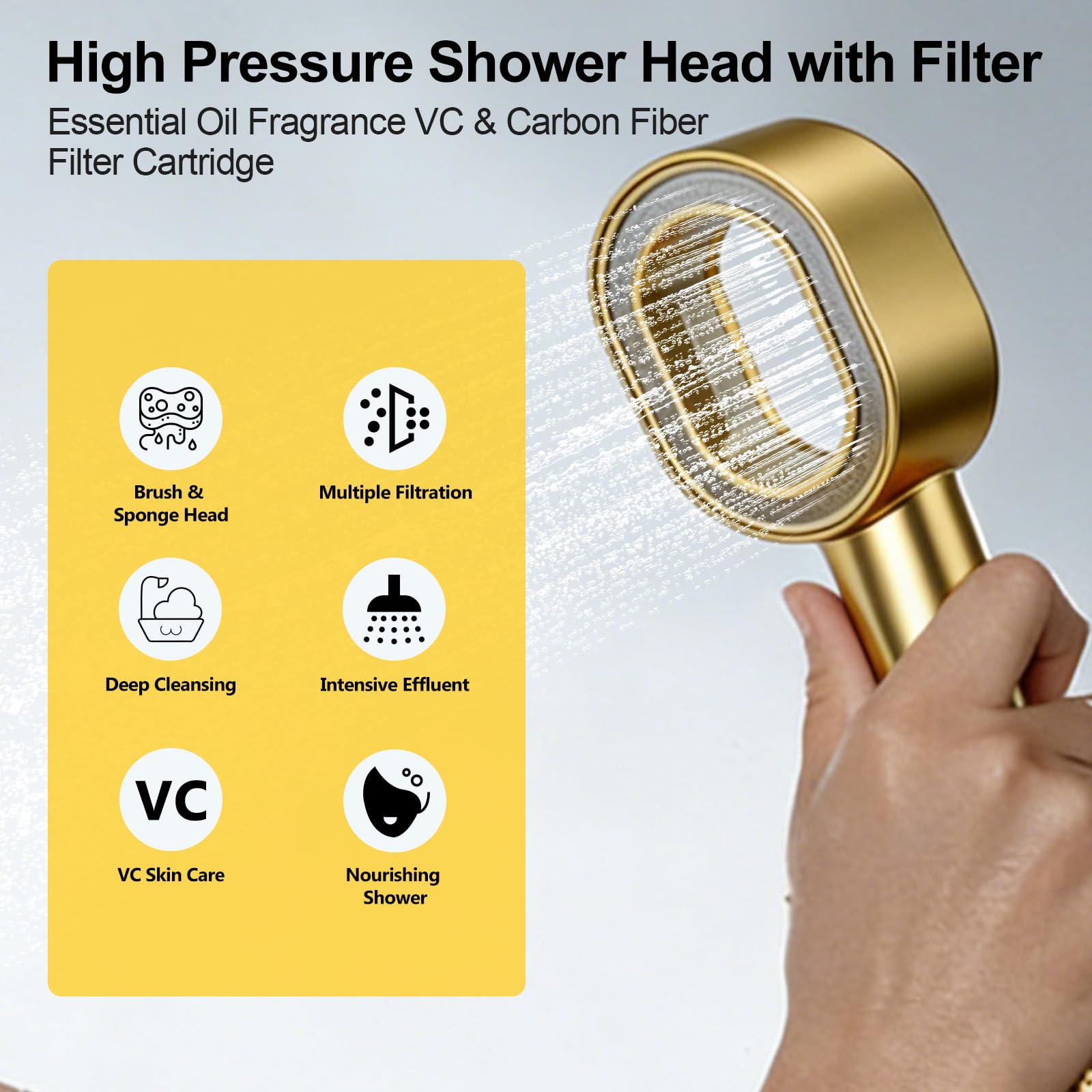 Filtersonic - Alcachofa de ducha 3 en 1 de alta presión con filtro, filtro contra la cal, para aumentar la presión, con esponja para eliminar el agua dura, metal pesado (dorado)