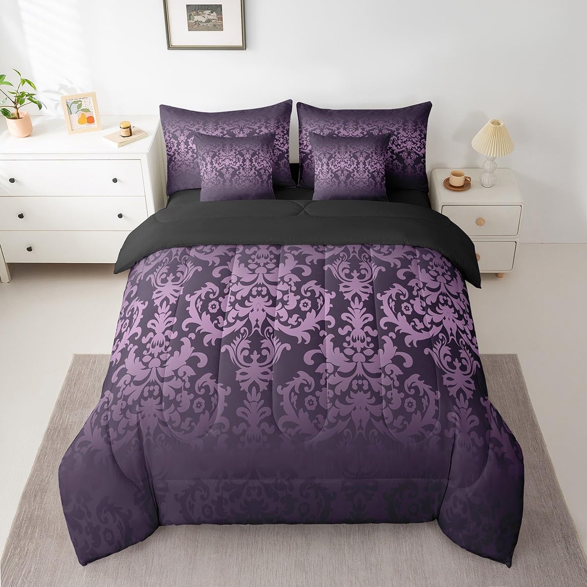 Erosebridal Adults Purple Damask Bed in A Bag 7 Piece Queen Antique Victorian Baroque Comforter Set with Sheets Gothic Vintage Floral Bedding Set