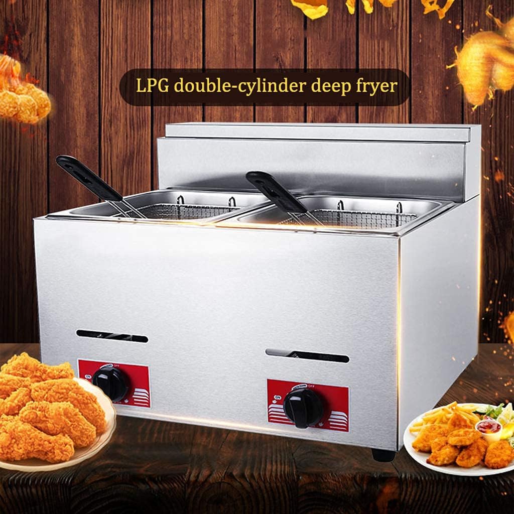 Commercial Fat Fryer Basket Commercial Fat Fryer Basket,12L Countertop Deep Fat Fryer Gas Fryer Double Chip Fryer with Basket Lid Stainless Steel Removable Tank French Fr,
