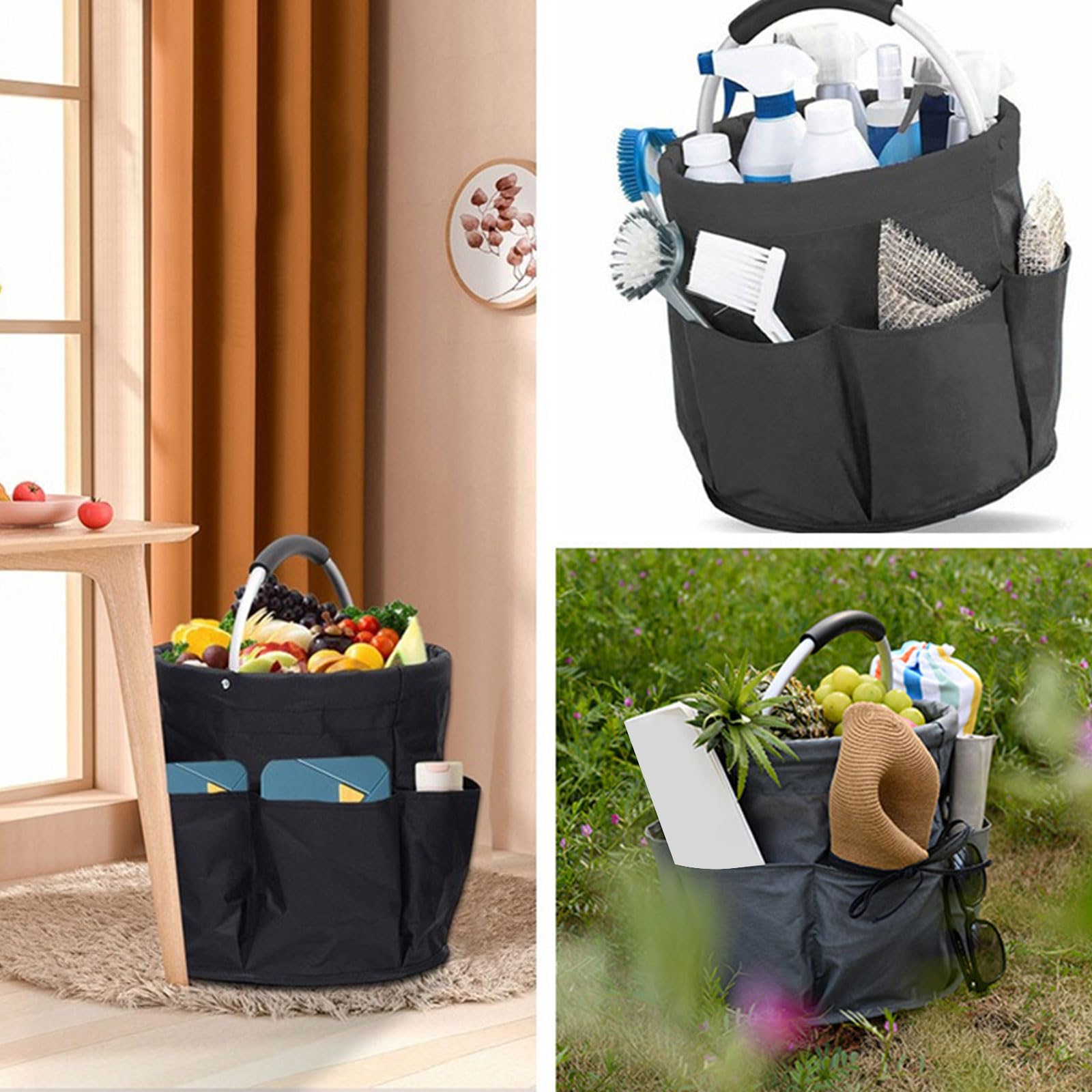 Panier de pique-nique pliable avec poche extérieure et poignée en EVA - Panier de rangement de grande capacité