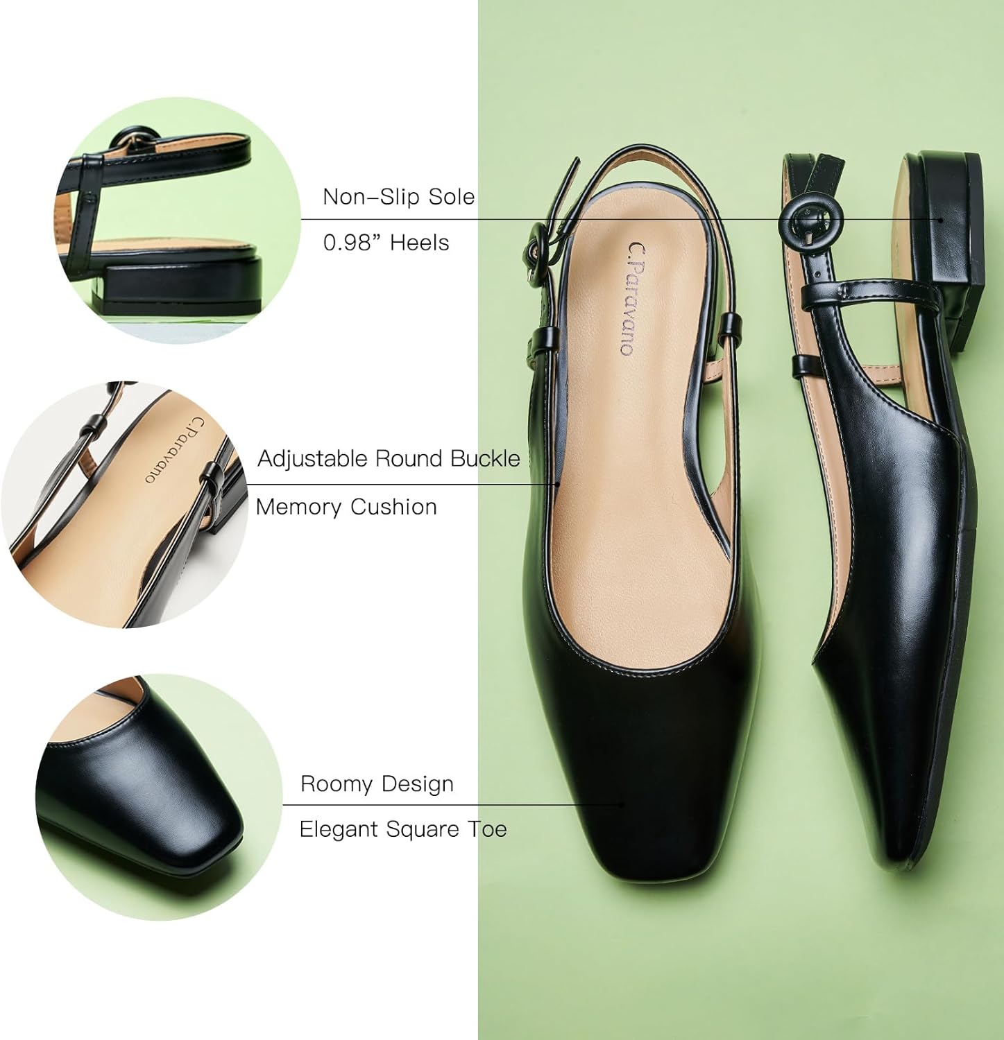 C.Paravano Slingback Flats | Sandals Women | Low Heels | Square Toe Flat | Block Heel Slingback Sandals - Image 5