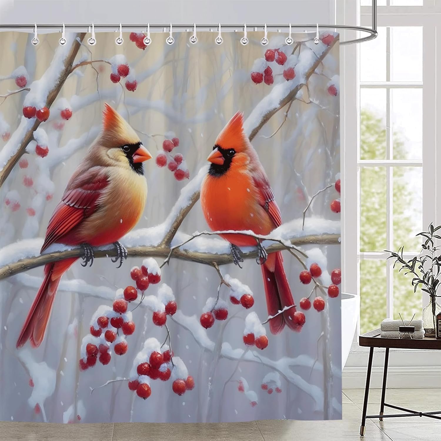 クリスマス カージナル シャワーカーテン 赤いショウジョウコウカン