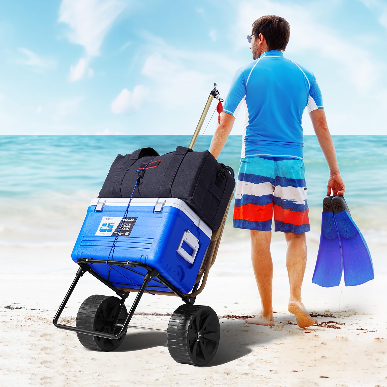 VEVOR Wózek plażowy z dużymi kółkami na piasek, 39 x 40 cm, z solidnymi kołami PE 25 cm, nośność 31 kg, składany wózek na piasek, wytrzymały wózek na piknik, kemping, wędkowanie, plażę, do ogrodnictwa