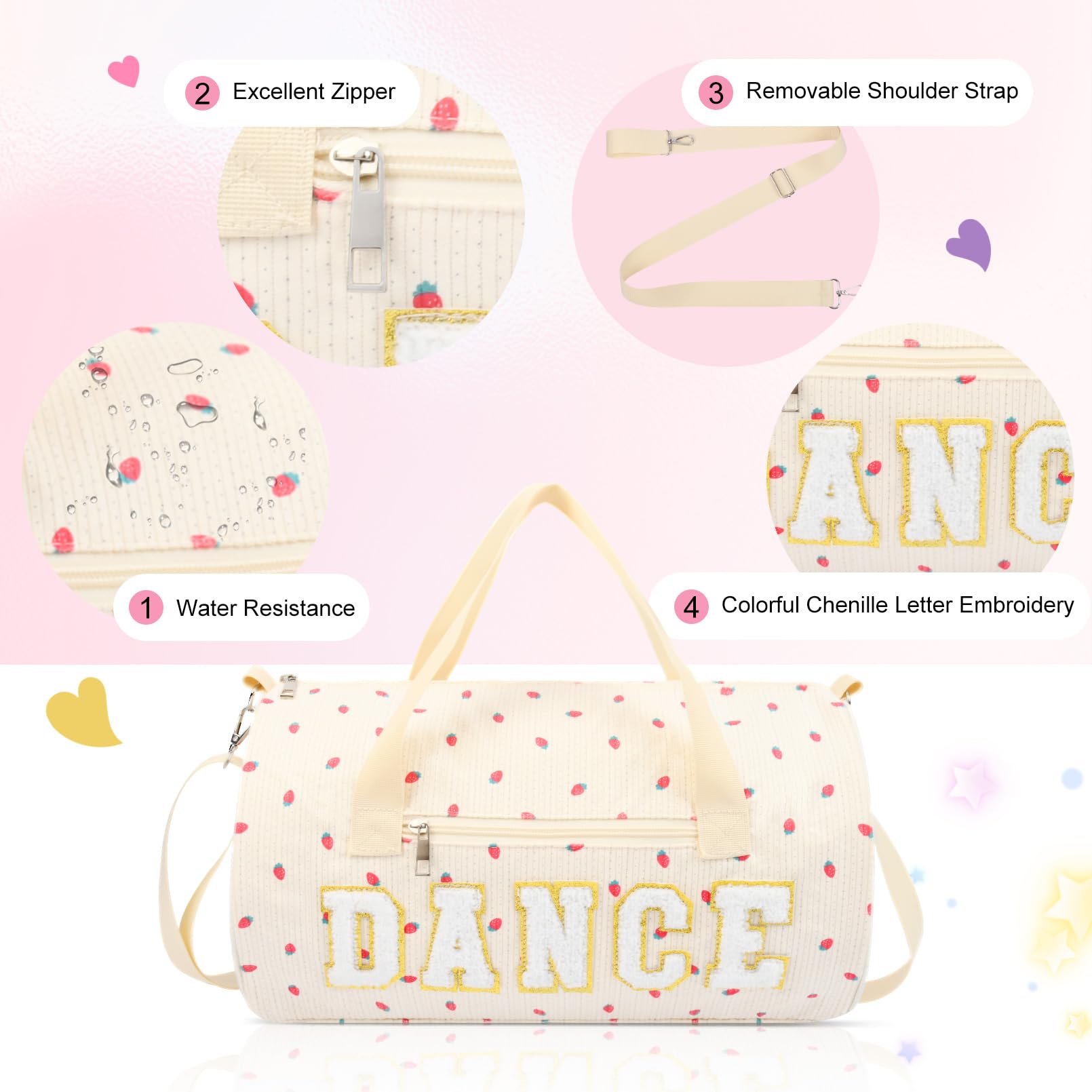 Tanztasche für Mädchen, klein, Turnbeutel für Damen, Seesack, Wochenendtasche, 23 l Kapazität, Workout, Chenille, Brieftasche für Tänzer, Mädchen, Teenager, Studenten und Sportler, Erdbeere