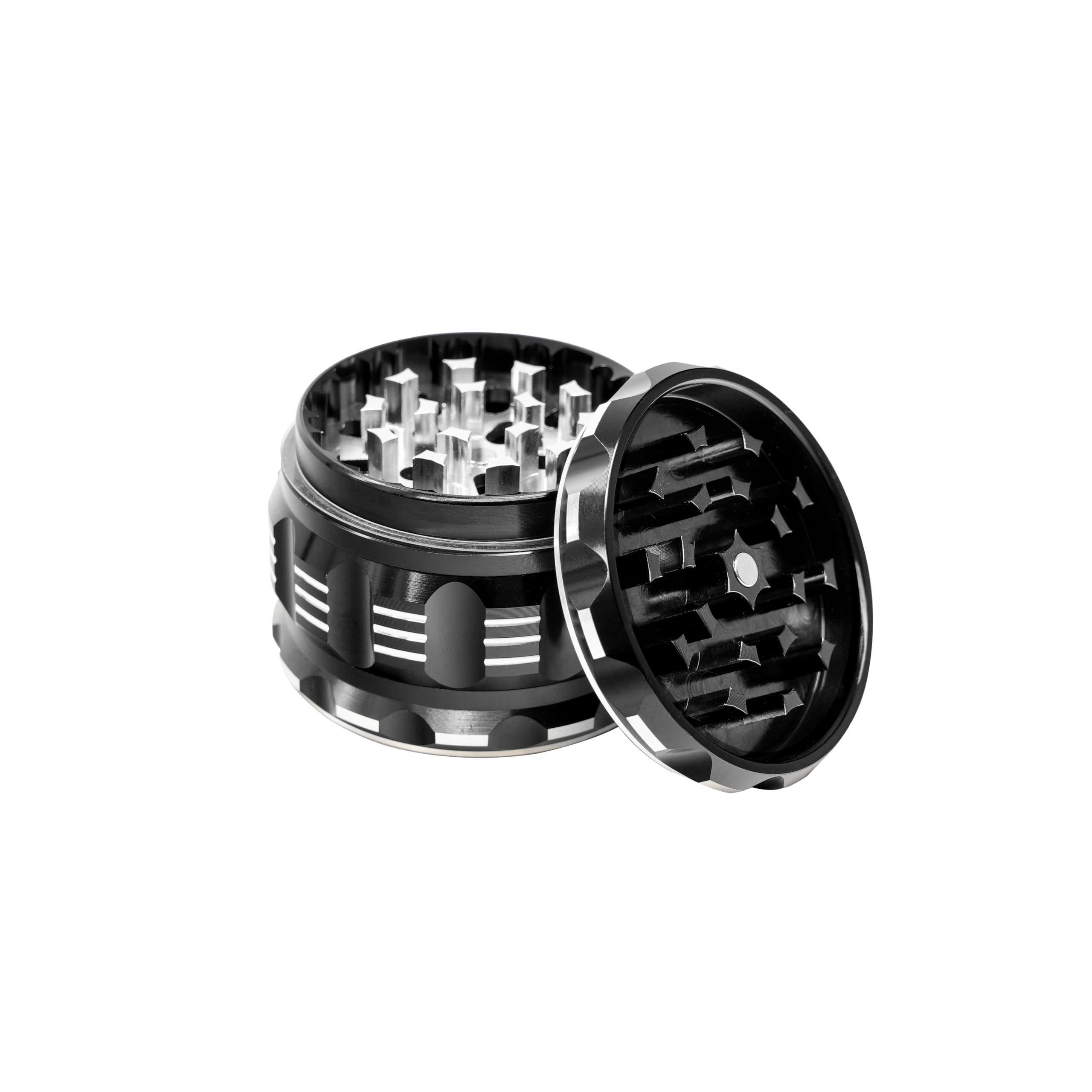 Aluminium Grinder Set Ø 63mm 4 teilig magnetische Kräutermühle, Crusher Set für getrocknete Kräuter, Pollen, Blüten, Gewürze mit Pollenfach und Schaber (Schwarz)