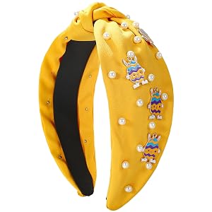 Easter Headbands for Women and Girls Yellow Knotted Headbands Adorned with Pearls and Bunny Egg Pendants Festive Hair