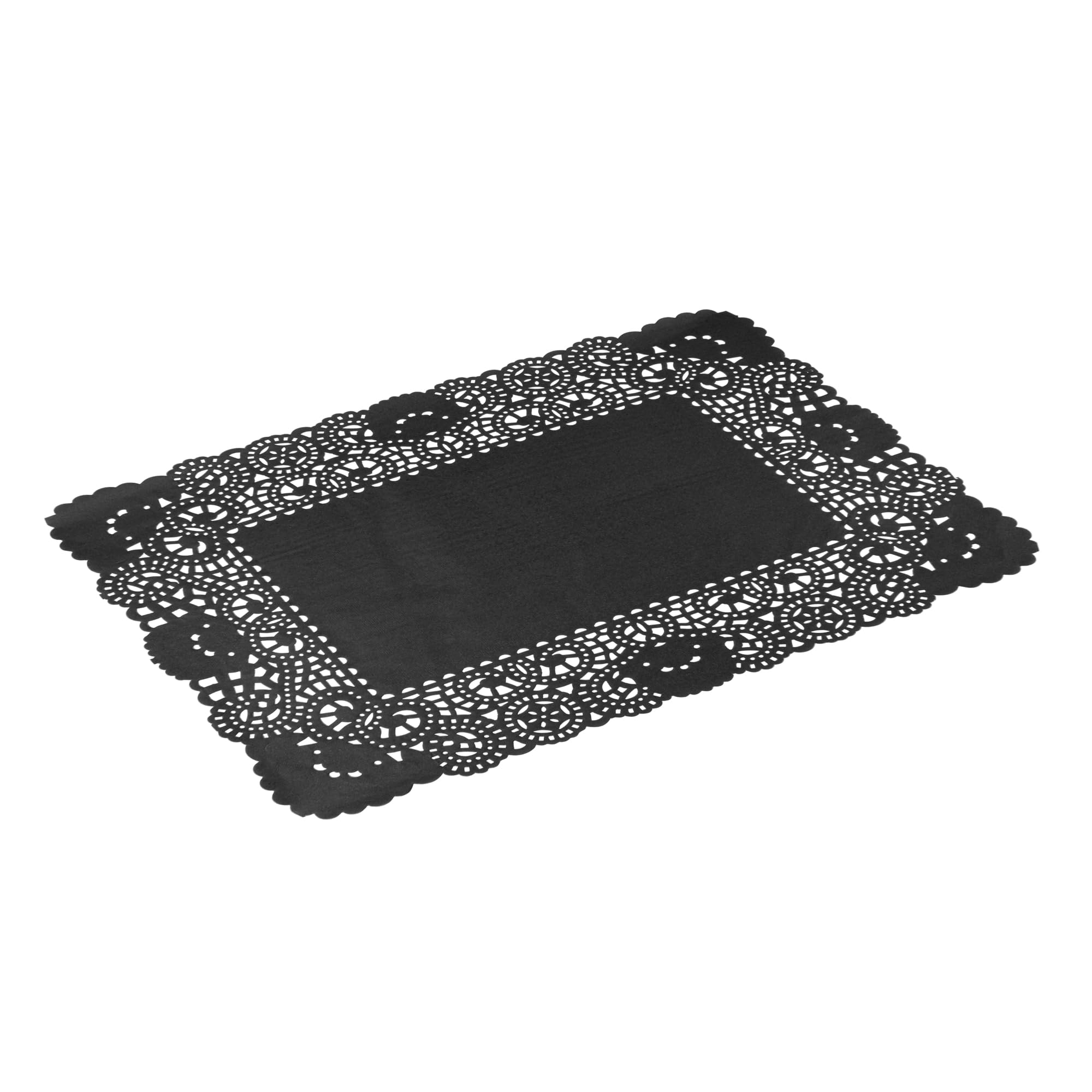Restaurantware Pastry Tek - Tapetes de papel de encaje de 15.75 x 12 pulgadas, 100 tapetes rectangulares desechables para mesa, elegante acabado de encaje, de larga duración, papel negro, para