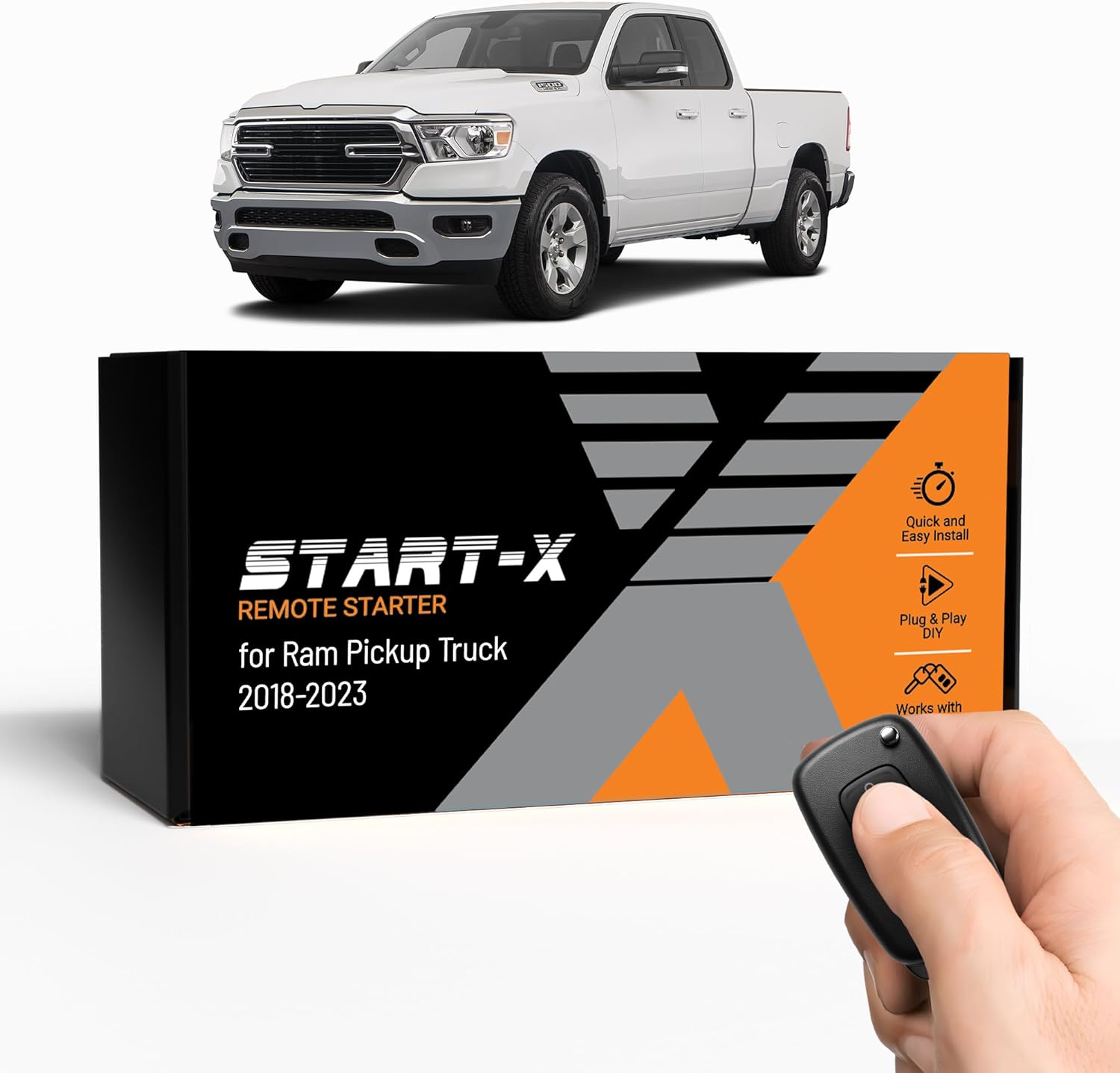 Start-X Remote Starter Kit box with a RAM pickup truck in the background and a hand holding a key fob.