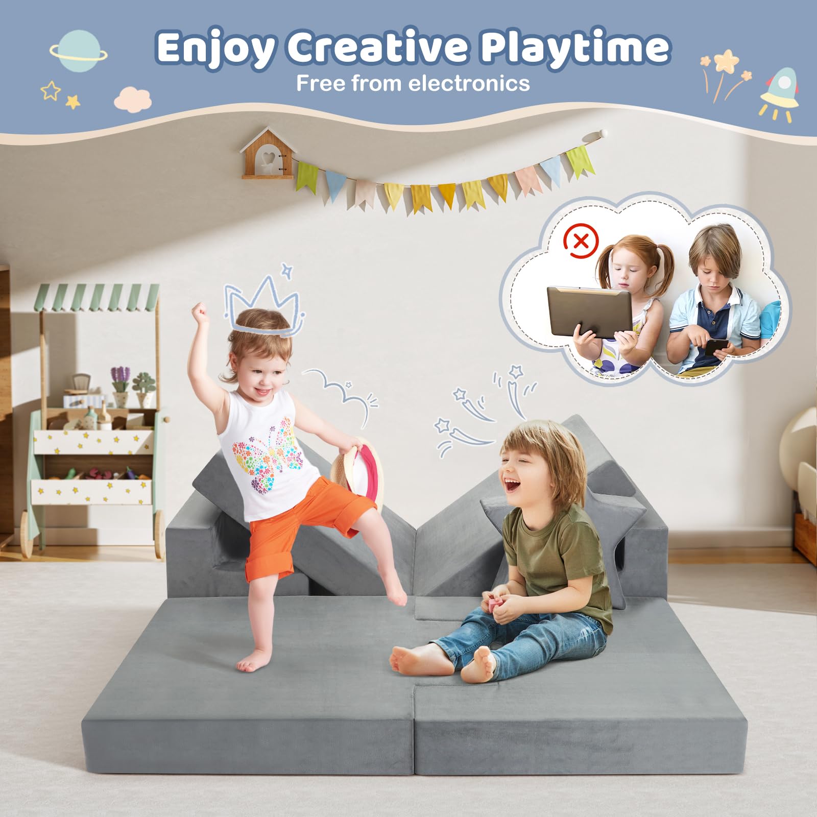 9-teiliges Modulares Spielsofa Grau, DIY Kindercouch mit Stern- und Mondkissen, Umwandelbar als Sofa & Spielburg, Weiches Schaumstoff-Sofa für Kinder