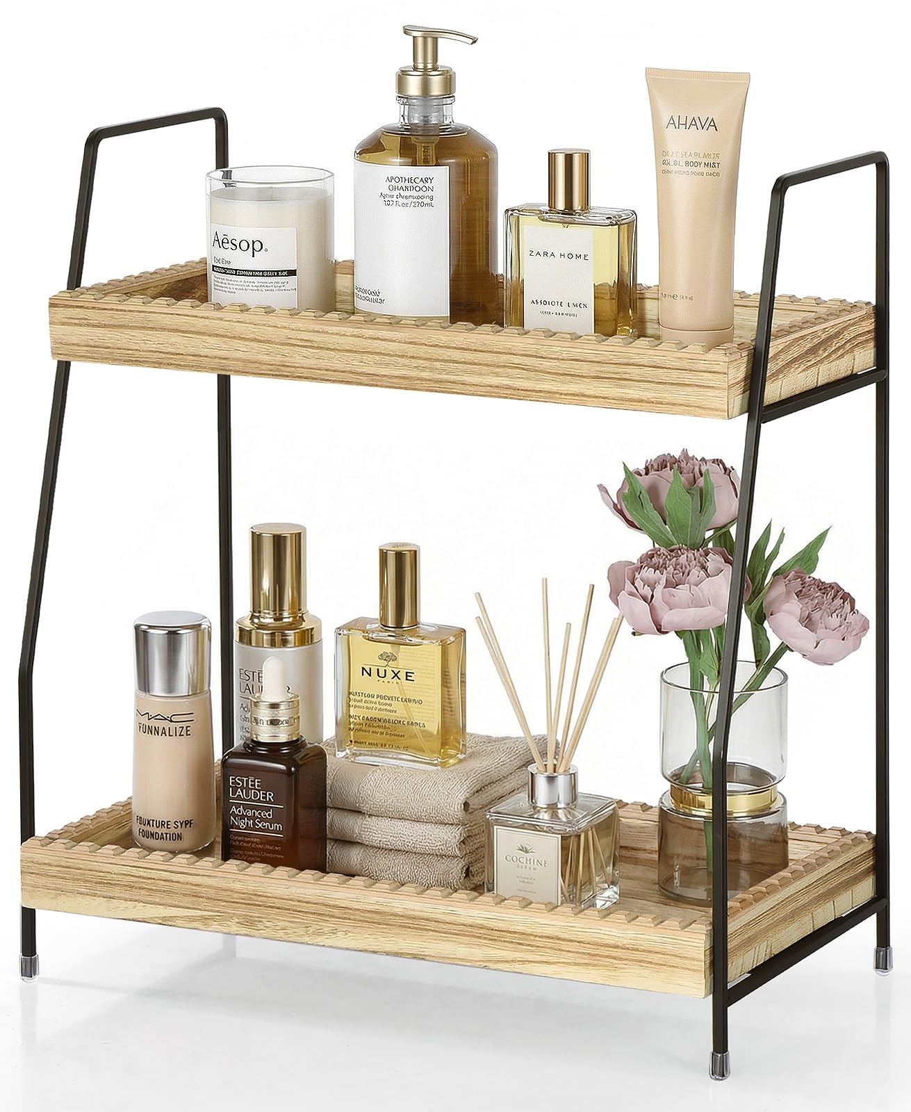 Photo 1 of 2 Tier Bathroom Countertop Organizer, Unique Slotted Edge Bathroom Organizers and Storage, Wood Counter Shelf for Storage, Countertop Organizer for Bathroom, Coffee, Kitchen