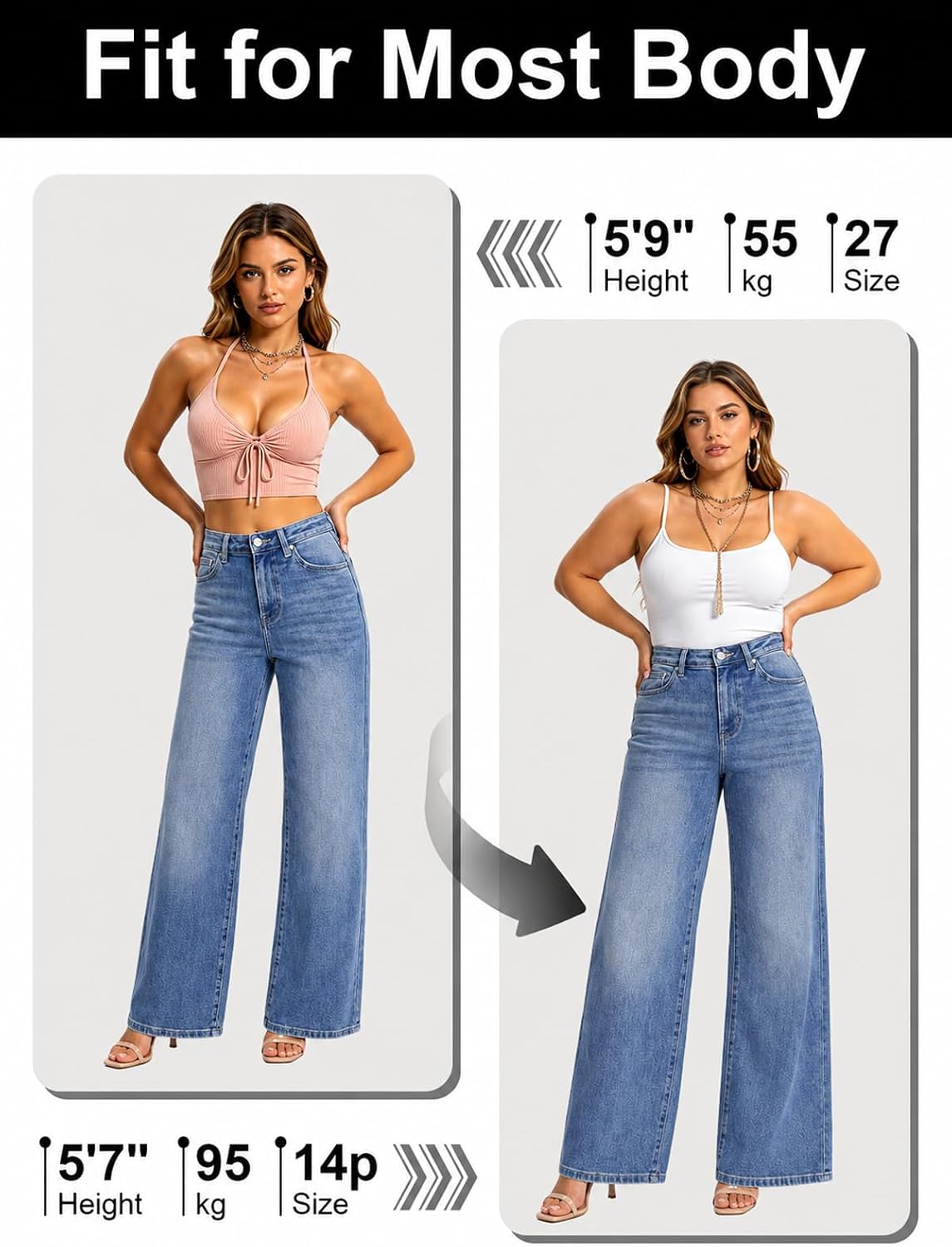 ONESO Women's High Waisted Wide Leg Jeans Heavyweight Premium Stretch Denim, Relaxed Fit Long BBL Jeans