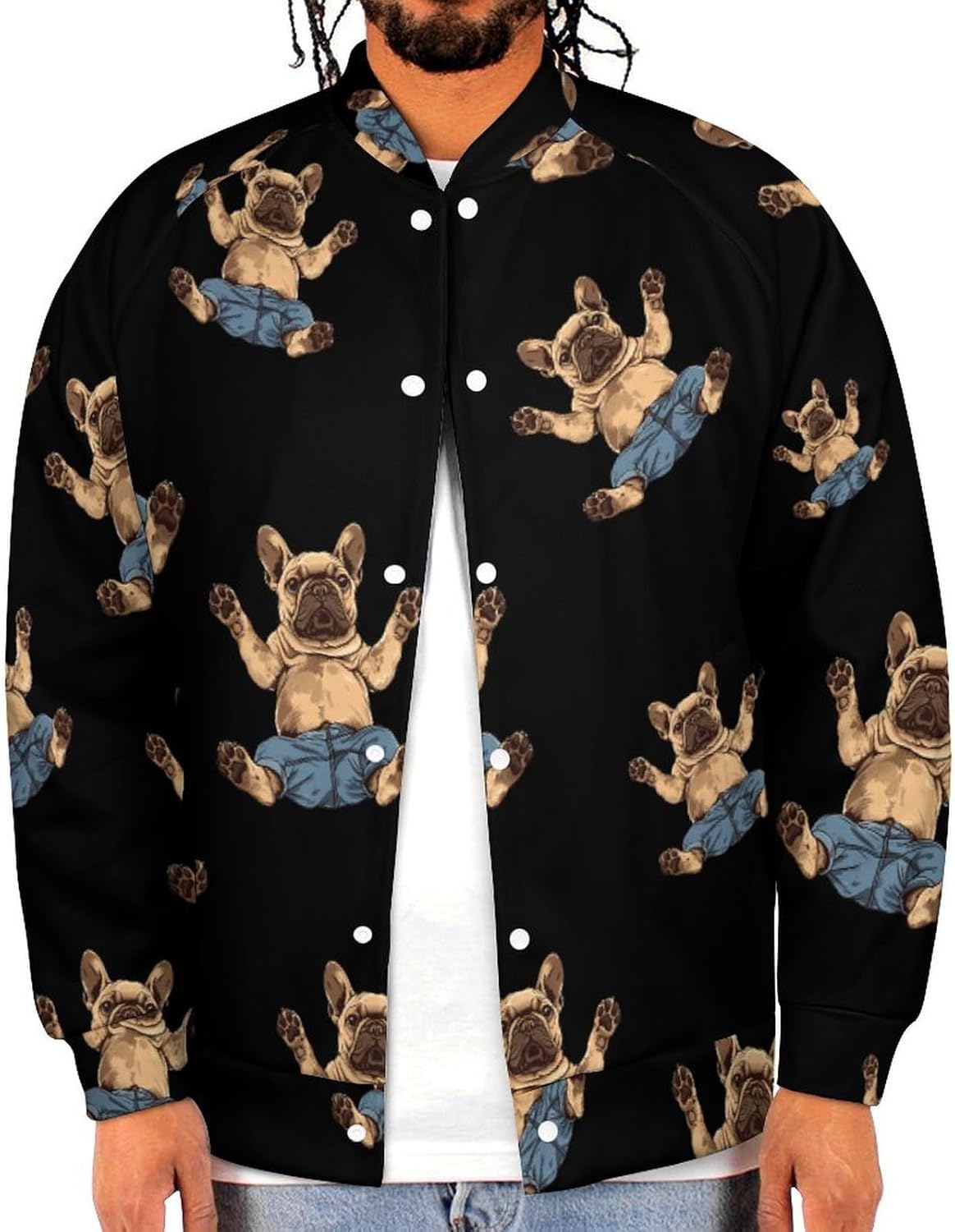 French Bull Dog Novelty Men's Baseball Jackets Causal Sweatshirt Button Top Long Sleeve Coat