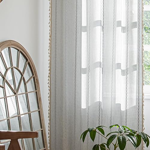 Miniatura 52 de Deeprove Cenefa Bohemia Blanca con Borlas para Decoración de Cocina y Cafetería, Cortinas Cortas de Algodón y Lino Crema Estilo Bohemio Rústico,