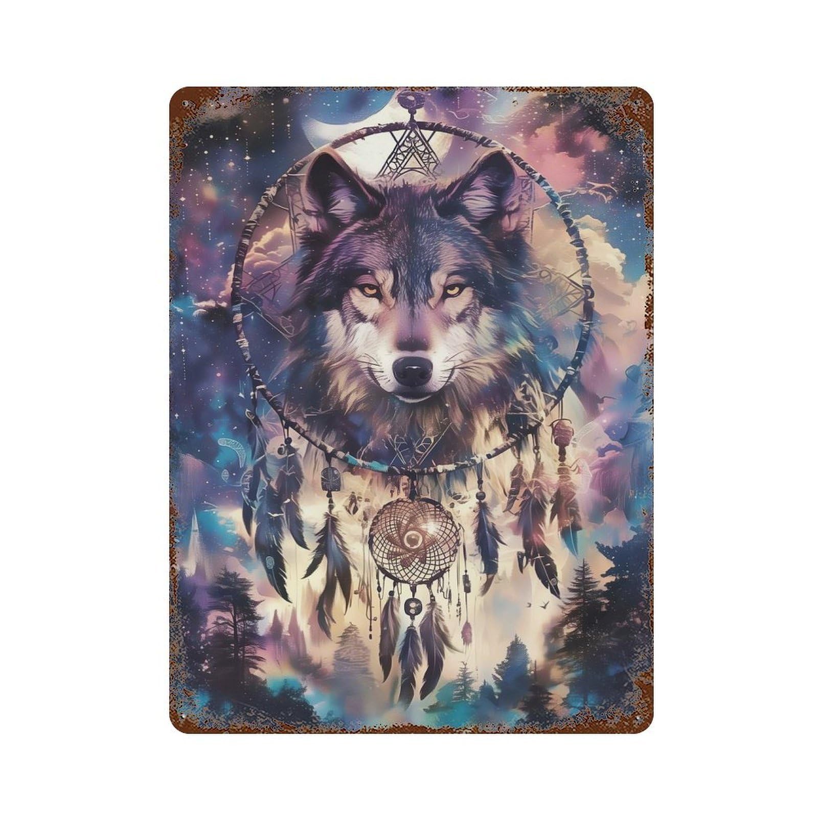 Wolfs Dreamcatcher Dream Aged Metal Wall Plaque 15.7"x11.8", Industrial Home Decor for Pub, Kitchen And Man Cave Decor