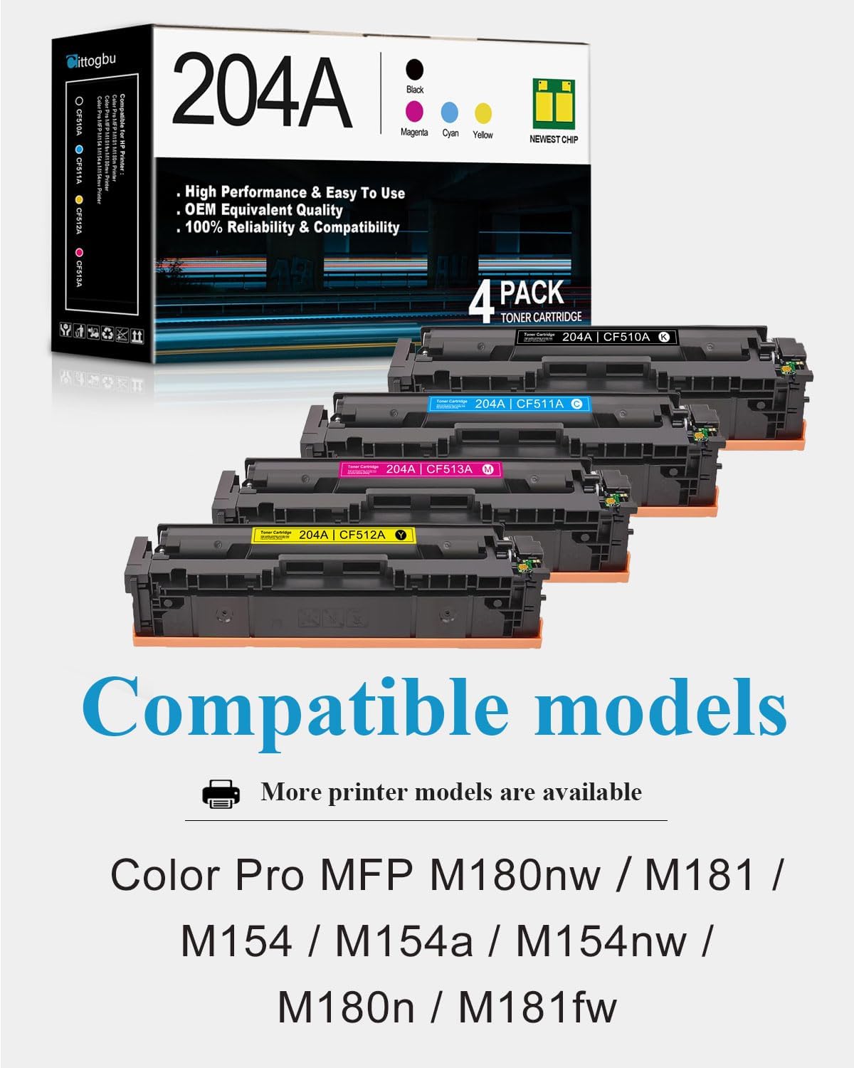 204A Toner Cartridge Compatible 4 Pack 204A Toner Cartridges Replacement for HP Color Pro MFP M180nw M181 M154 M154a M154nw M180n M181fw Printers (BK/C/M/Y)
