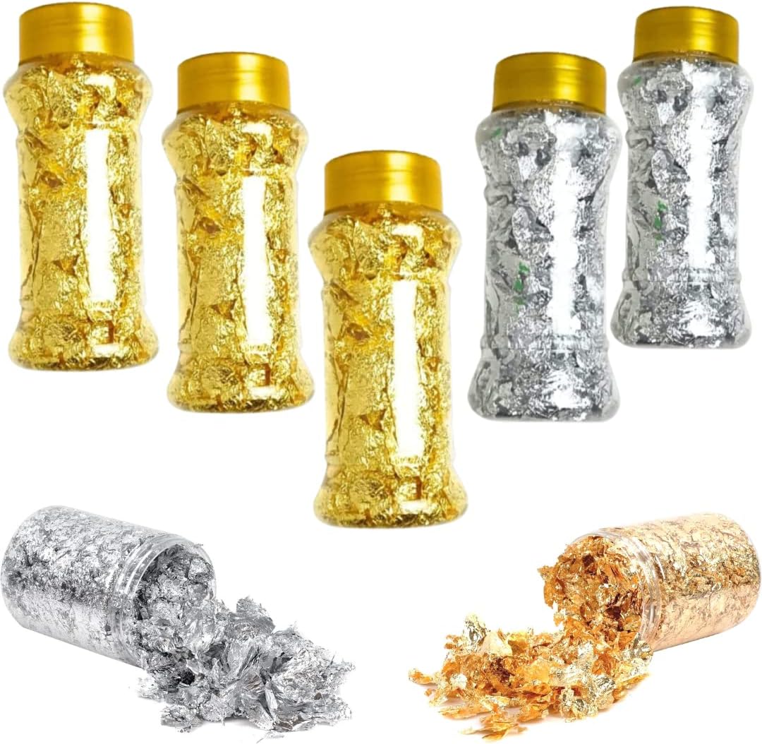 3 Golden foil Flake and 2 Silver foil Flake for Decorating Cake Borders and Other Sweets Food Preparation (Pack of 5 Flakes)